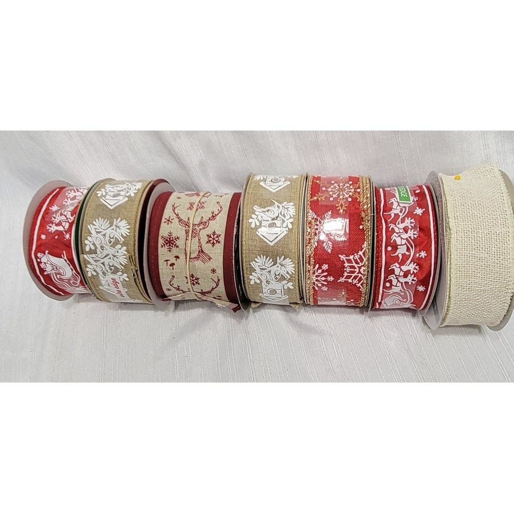 Christmas Ribbon Wired Edge Burlap Santa Reindeer Snowflake Holiday Lot of 7